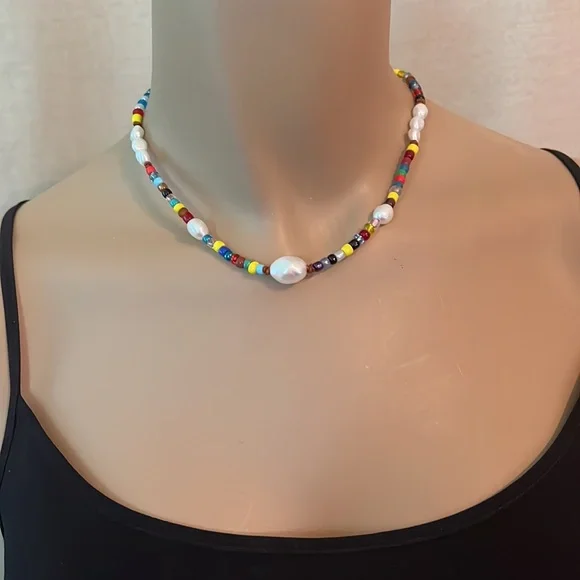 Seaside Pearls Roxanne Multicolored Beaded Freshwater Pearl & Leather Choker New - Picture 2 of 4